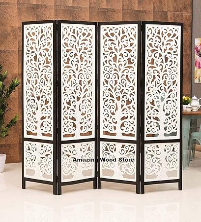 Amazing Wood Store Wooden Room Divider/Wooden Partition/Wooden/Separator for Living Room/Office Wooden Partition/Wooden Room Divider/Wooden Screen / 4 Panel (White and Black)