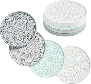 Absorbent Diatomaceous Earth Stone Coasters Set of 4 - Grooved, Quick-Dry, Edged Design in 4 Colors - Protect Furniture, Modern Decor Gift