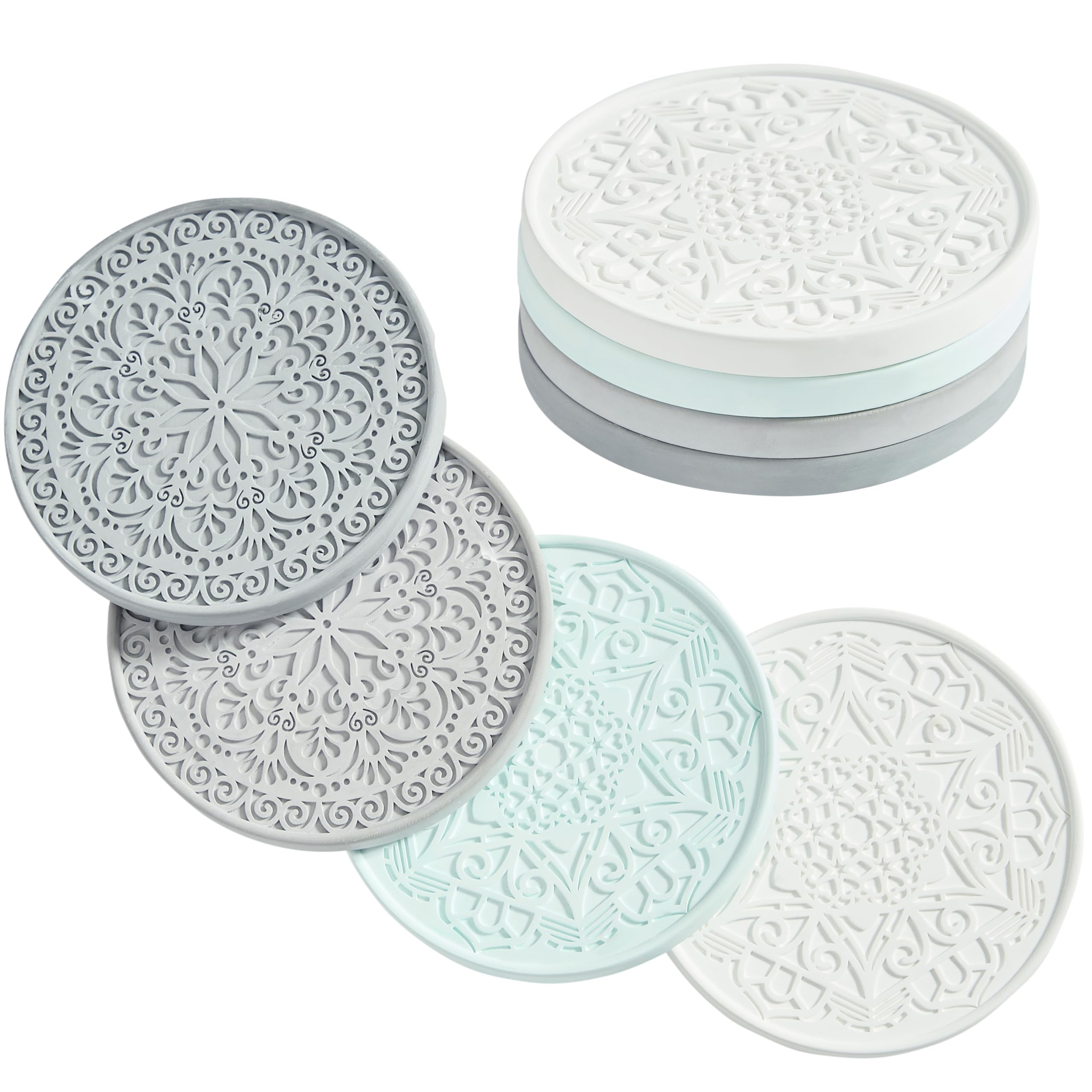 TheDottieCo Absorbent Stone Coasters Set of 4 – Edged, Grooved, Quick-Drying Natural Diatomaceous Earth - Decor Drink Coaster for Tabletop Protection - Thirsty Stone Round 4 Inches in 4 Colors – Gift
