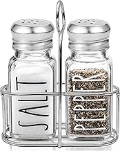 Clear Glass Salt and Pepper Shakers Set with Holder by Brighter Barns - Dining Table Countertop Accessories, Farmhouse Kitchen Decor - Glass Shakers with Caddy for Restaurant, BBQ, Camping, RV (Clear)