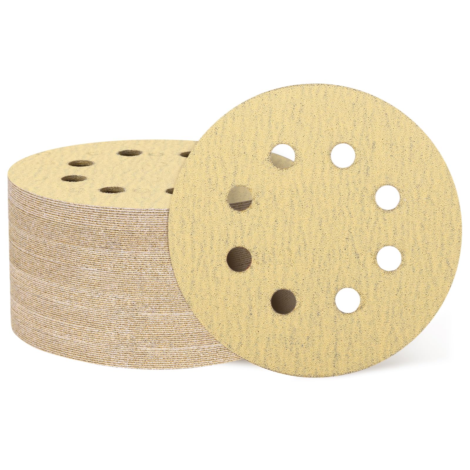 QUARKZMAN 1000 Pcs 125mm 5 Inch Discos De Lija 8 Agujeros 120 Grit De Gancho Y Bucle Para Lijadora Orbital Aleatoria Para Trabajos En Madera Automotriz Metal, Dorado