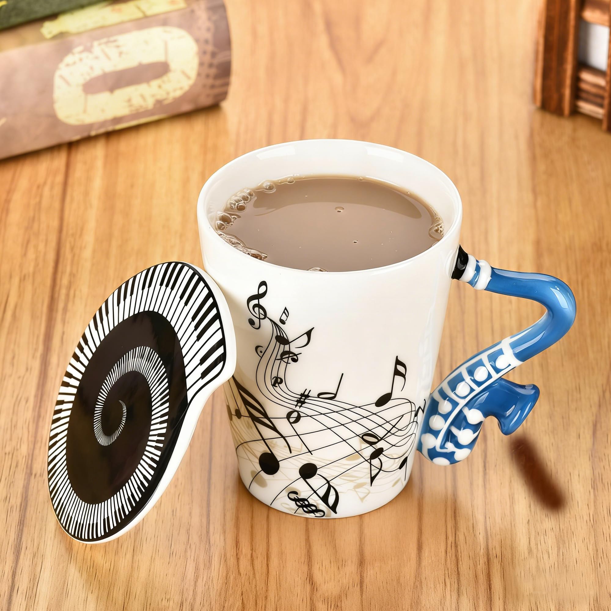 Saxophone Novelty Mug Unique Musical Gift Ceramic Tea Coffee Cup with Cool Music Themed Lid and Spoon,Birthday Holiday Gift for Musician,Women,Men,Teacher