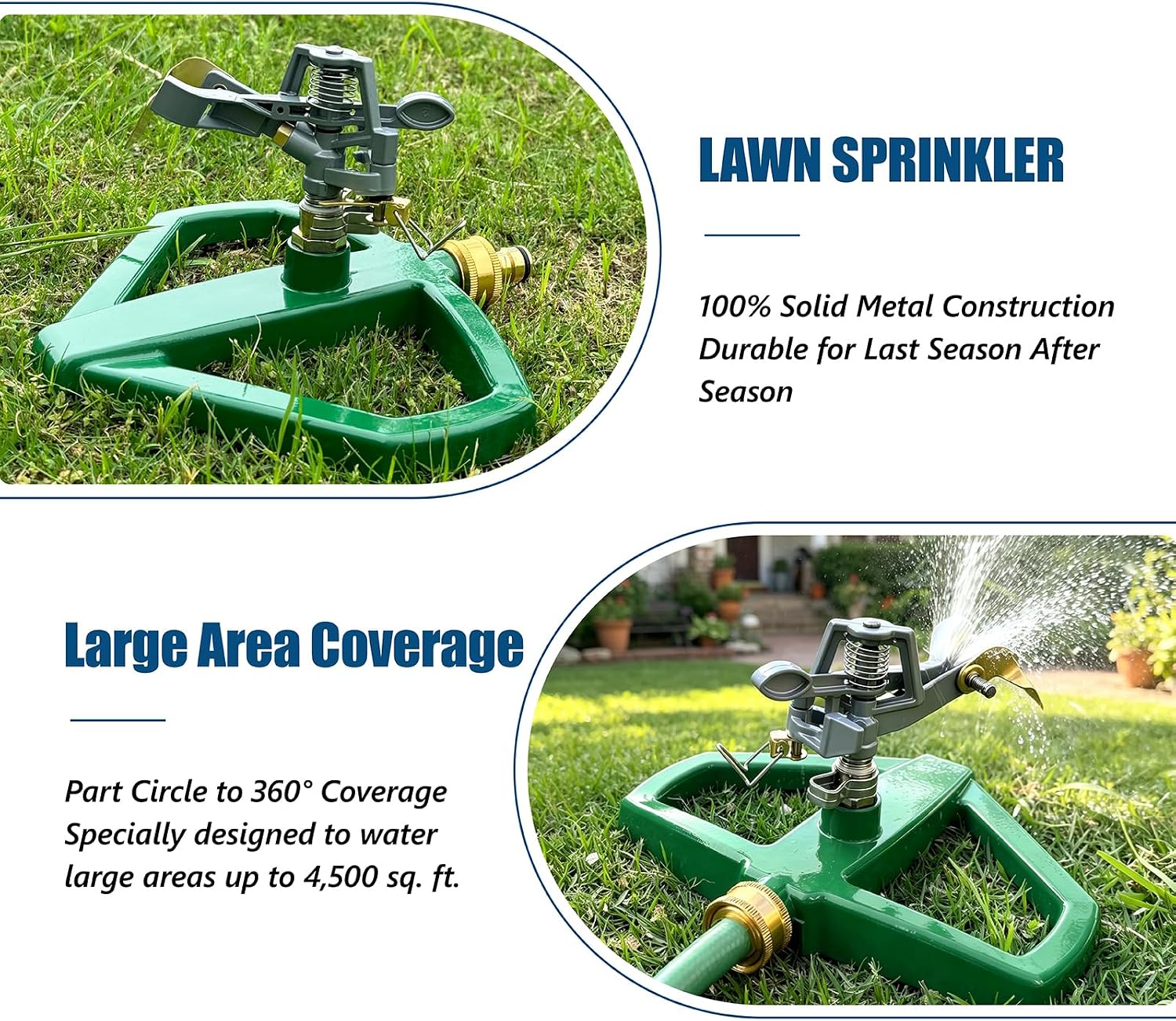 Heavy Duty Lawn Sprinkler with Metal Base, Pulsating Impact Sprinkler for Yard, Adjustable Rotating 360 Degree for Large Area Garden, Coverage up to 4,500 Sq. Ft