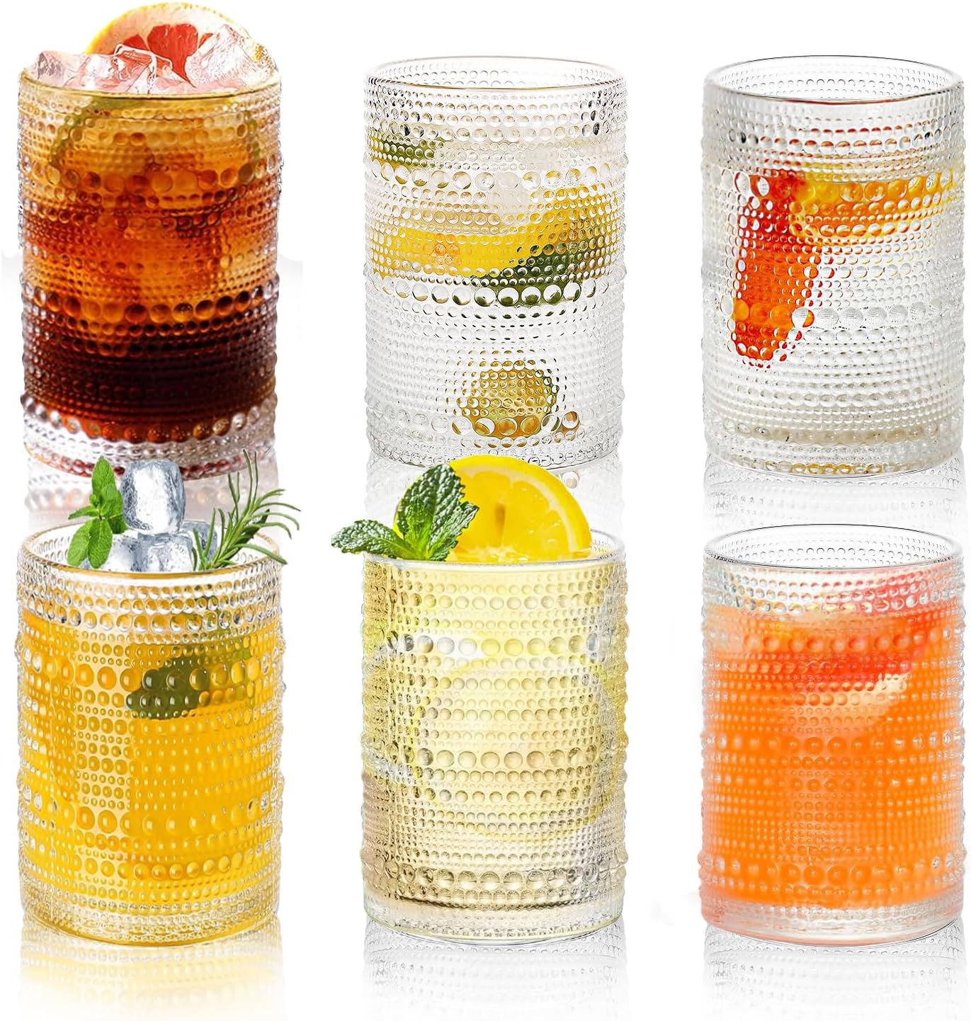 Hobnail Drinking Glasses Set,16 Oz Vintage Embossed Glass Tumbler for Cocktail, Beer, Juice, Water, Whiskey and Kitchen Glassware,6pack