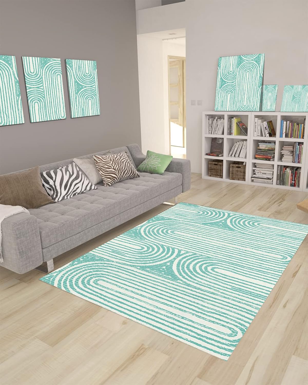 Teal Geometric Area Rug for Bed Room, 5' x 8' Indoor Accent Rugs NonSkid Kitchen