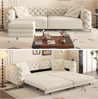 97.7" King Size Sleeper Sofa Bed, 3-in-1 Convertible Pull Out Chesterfield Sleeper Couch with Ottoman, Oversized Velvet Button Tufted L Shaped Sofa for Living Room Small Spaces, Beige White