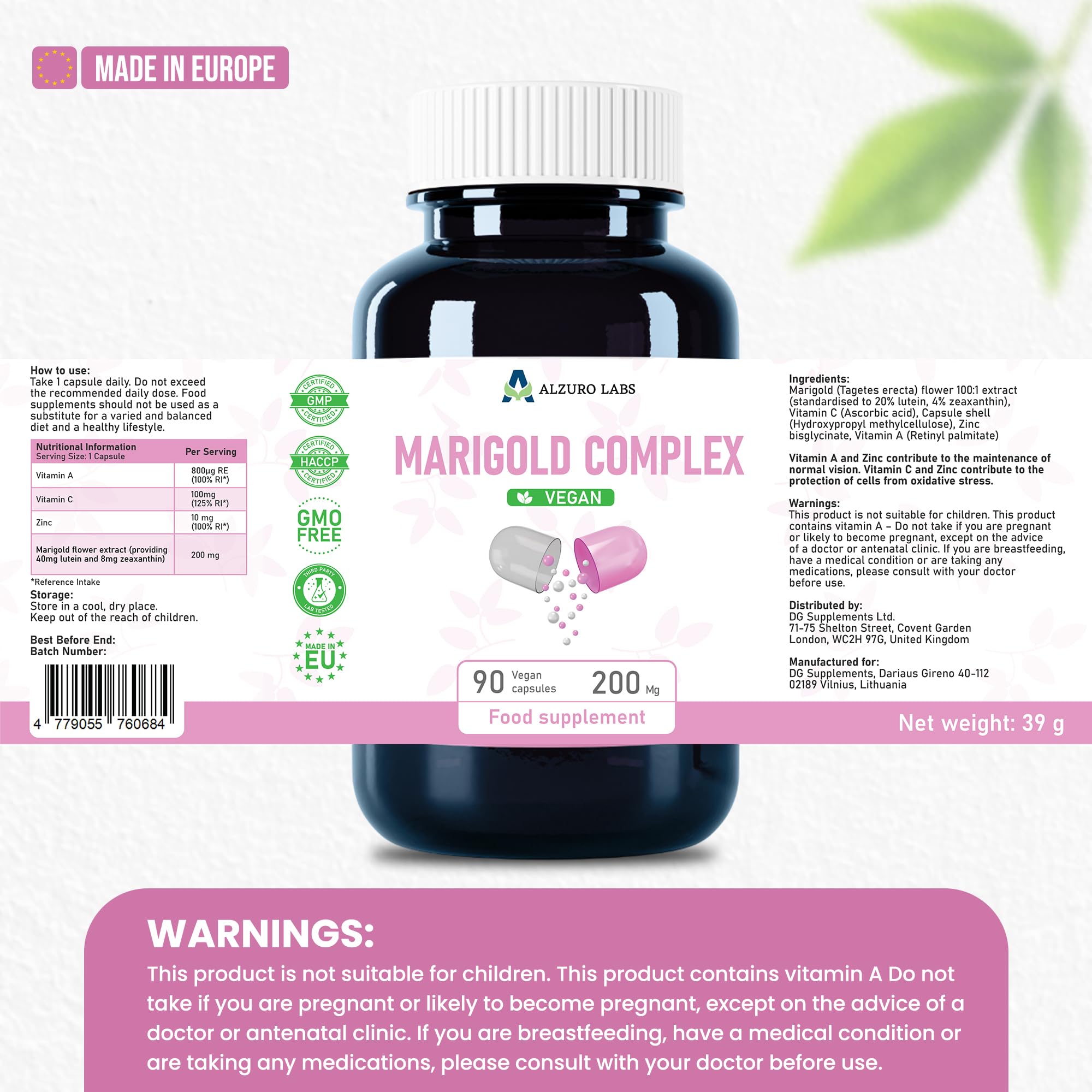 Lutéine 40 mg & Zéaxanthine 8 mg | complexe yeux hautement dosé | vitamines A, C & zinc | vision normale | 90 gélules végétales | BPF & testé en laboratoire tiers