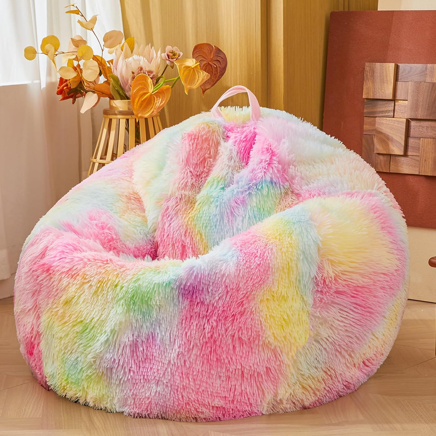Fluffy Fuzzy Plush Rainbow bean bag chair covers – Soft Furry Shaggy Rainbow bean bag chair cover for Kids Girl, Stuffed Animals Bean Bag Storage, No Filler, 38"x38"x40" Rainbow Large(38"x38"x40")