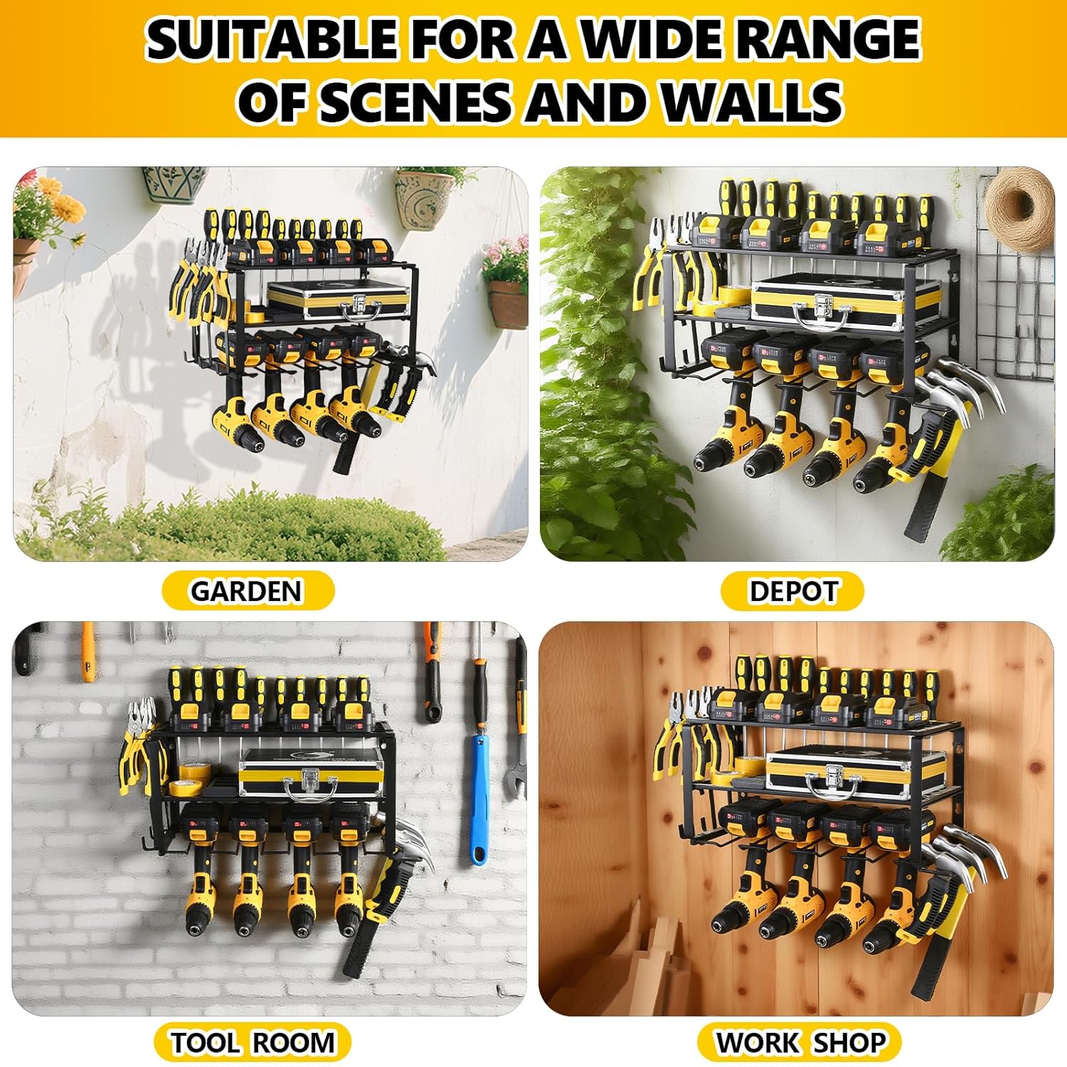 Wall Mount Power Tool Organizer, 3 Layers Floating Tool Rack with 4 Cordless Drill Holders, Storage Rack for Workshop/Garage, 150Lbs Load Capacity, Heavy Duty Iron, Matte Black