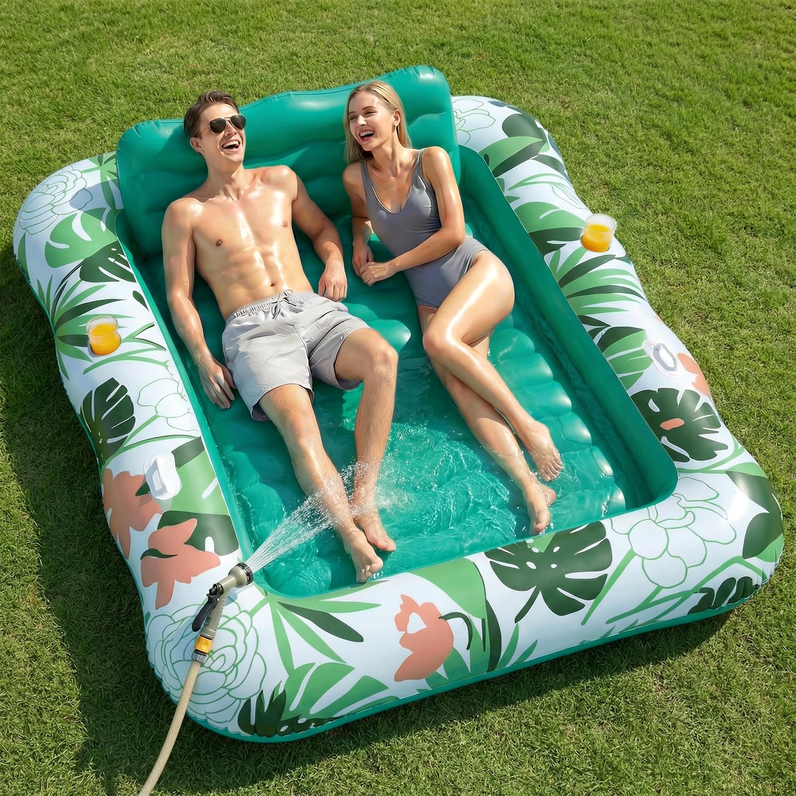 SOLAVERO Inflatable Tanning Pool Lounger Float, 220x160 cm Sunbathing Pool Float Raft Adult with Pillow, Inflatable Tanning Bed with Cup Holders and Handles, Large Water Sun Lounger for Sunmmer Party