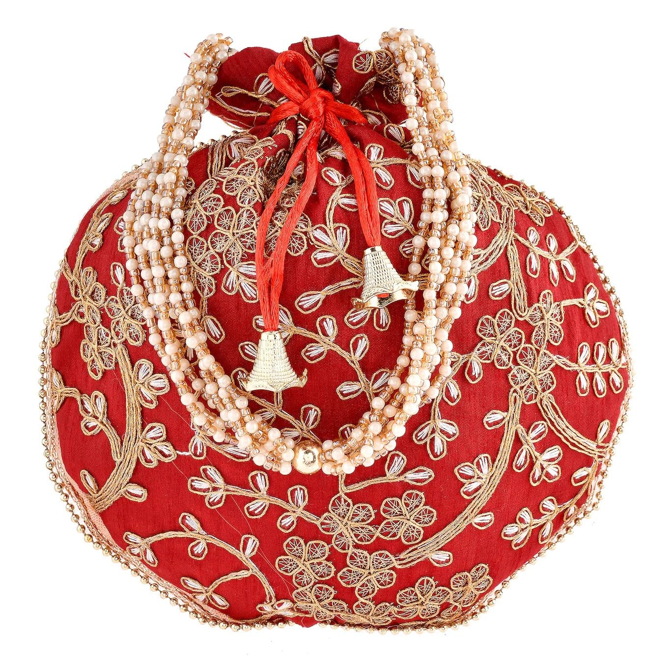 SHAKTISM Matka Embroidered Potli Silk Storage, Potli Pouches for Jewelleries Return Gift Bags, Women's Handbag Shagun Bags for Weeding, Engagement - 1Pc (Red)