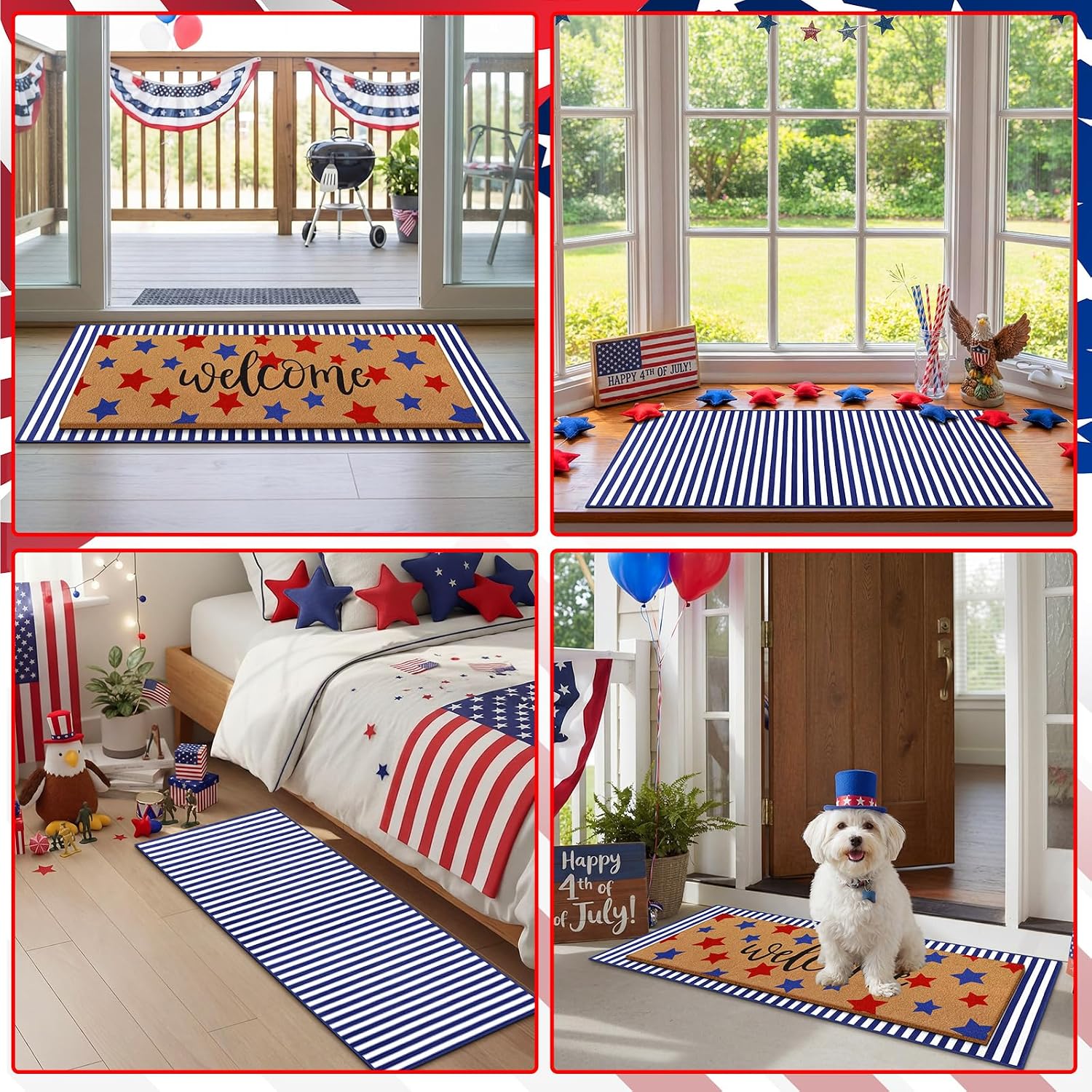 Tinideya 2 Pcs Long 4th of July Layered Outdoor Doormat 47"x17" 250th Anniversary Patriotic Star Coir Welcome Mat with Red White Blue Stripe Rug for Memorial Day Front Porch Entryway Home Decor