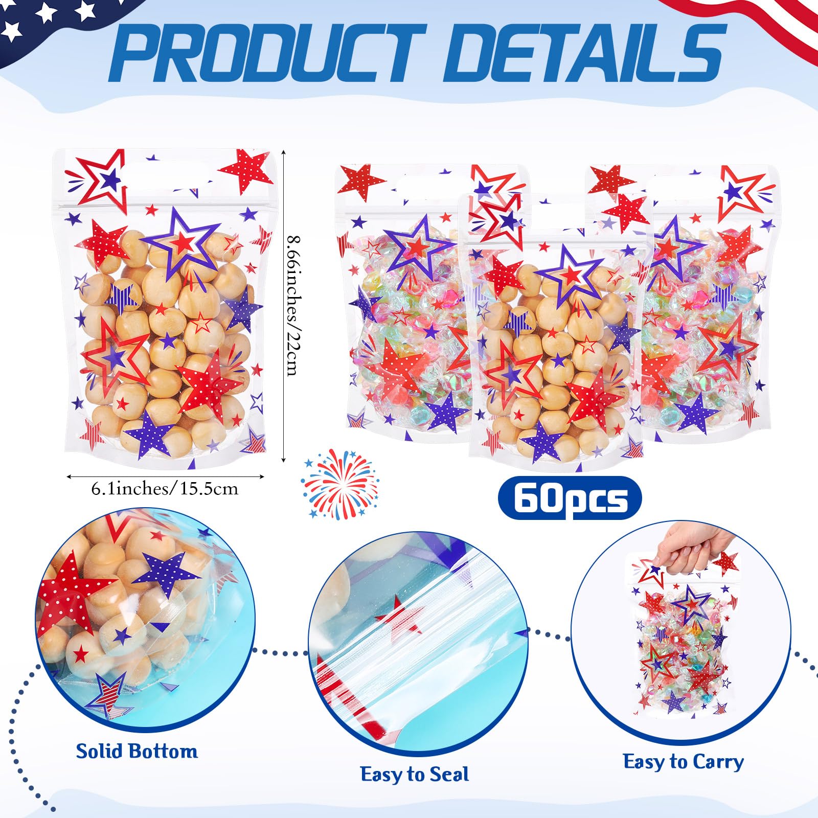 Frienda 60 Pcs 250th Anniversary American Bags Patriotic Star Theme Gift Bags Bulk 4th of July Candy Treat Goodie Handbags for USA Birthday Party Favors Independence Day Labor Day Party Supplies