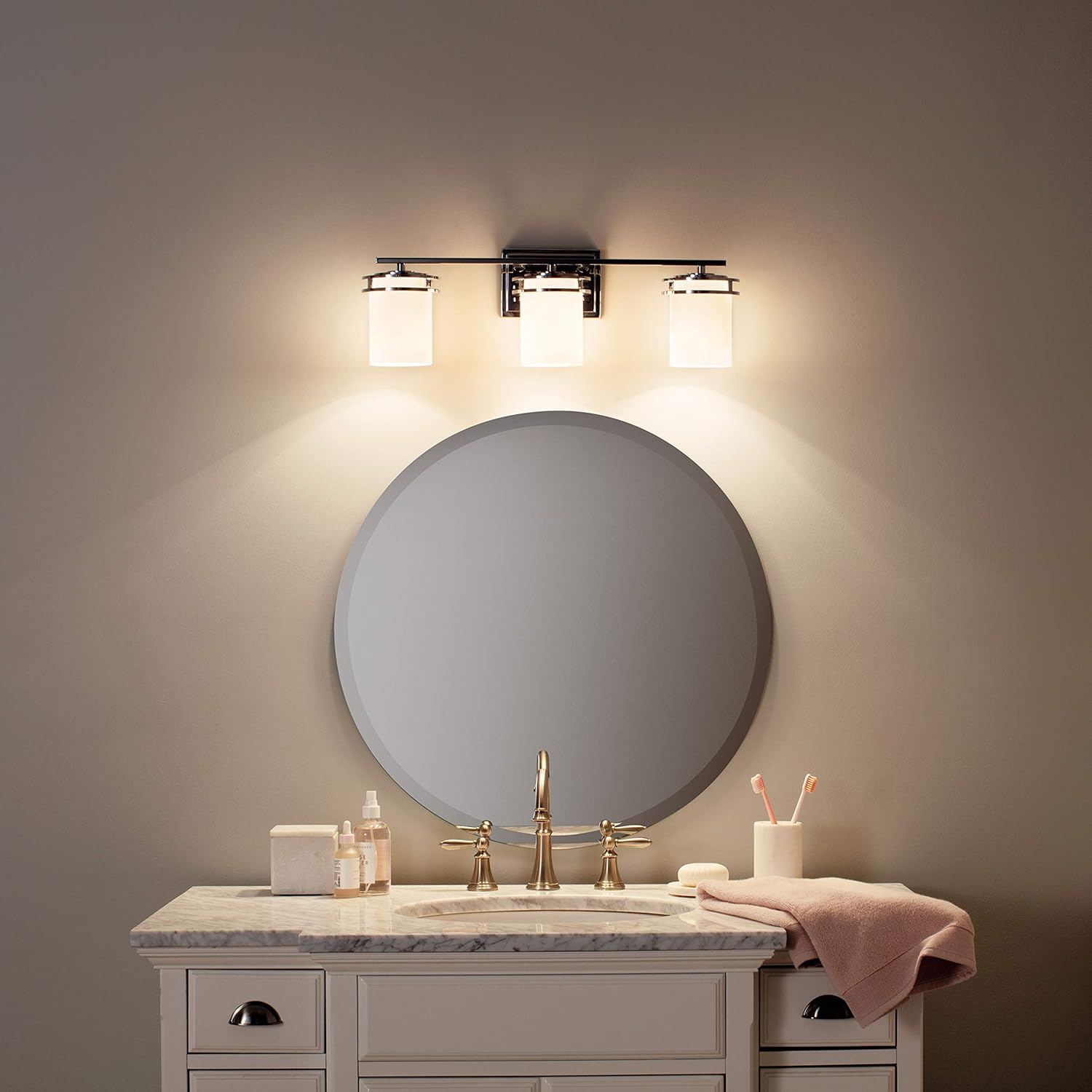 Best Deal Product Kichler Hendrik 24 3 Light Vanity Light with Satin Etched Cased Opal Glass Chrome Big Sale Kichler Hendrik 24 3 Light Vanity Light with Satin Etched Cased Opal Glass Chrome
