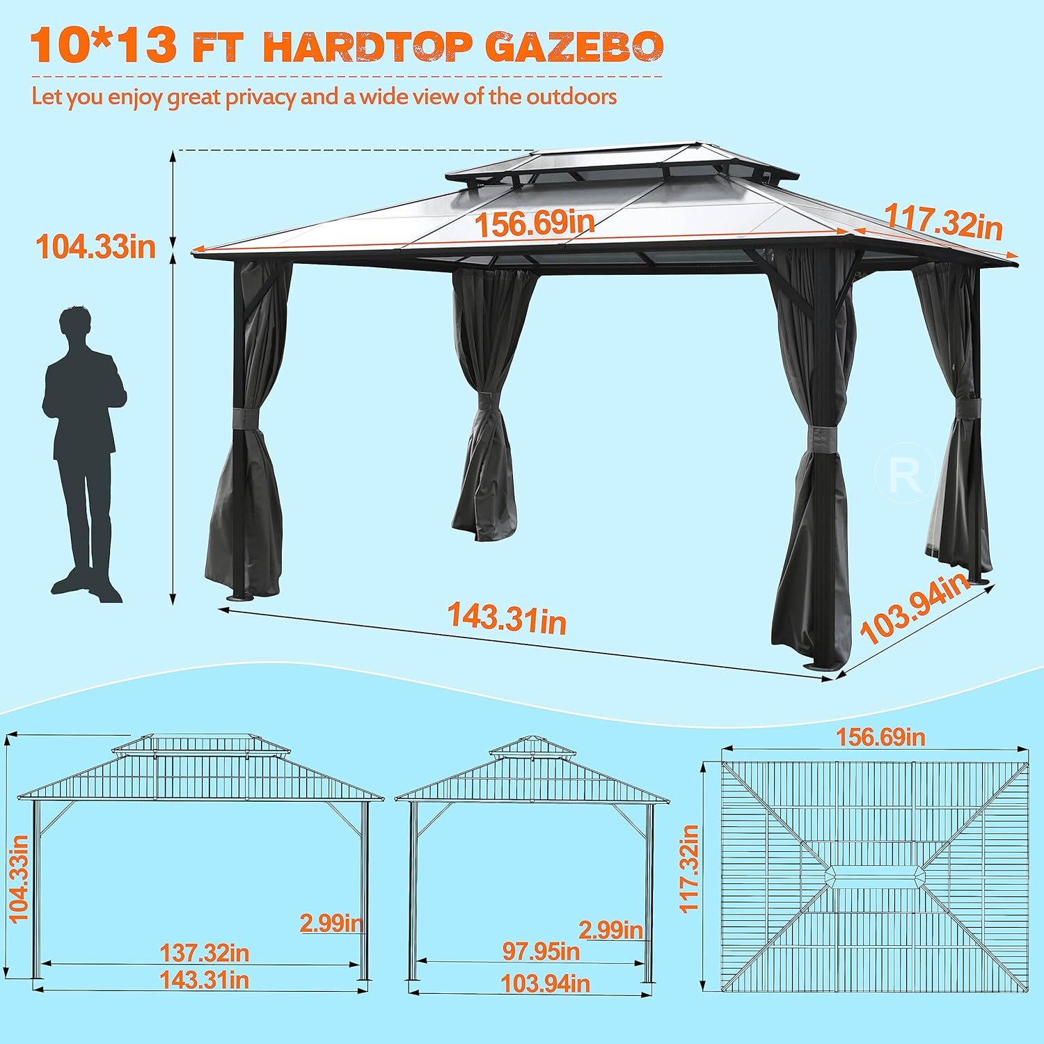 Diagram showing the dimensions of the 10x13 FT Hardtop Gazebo, including height, width, and length measurements.