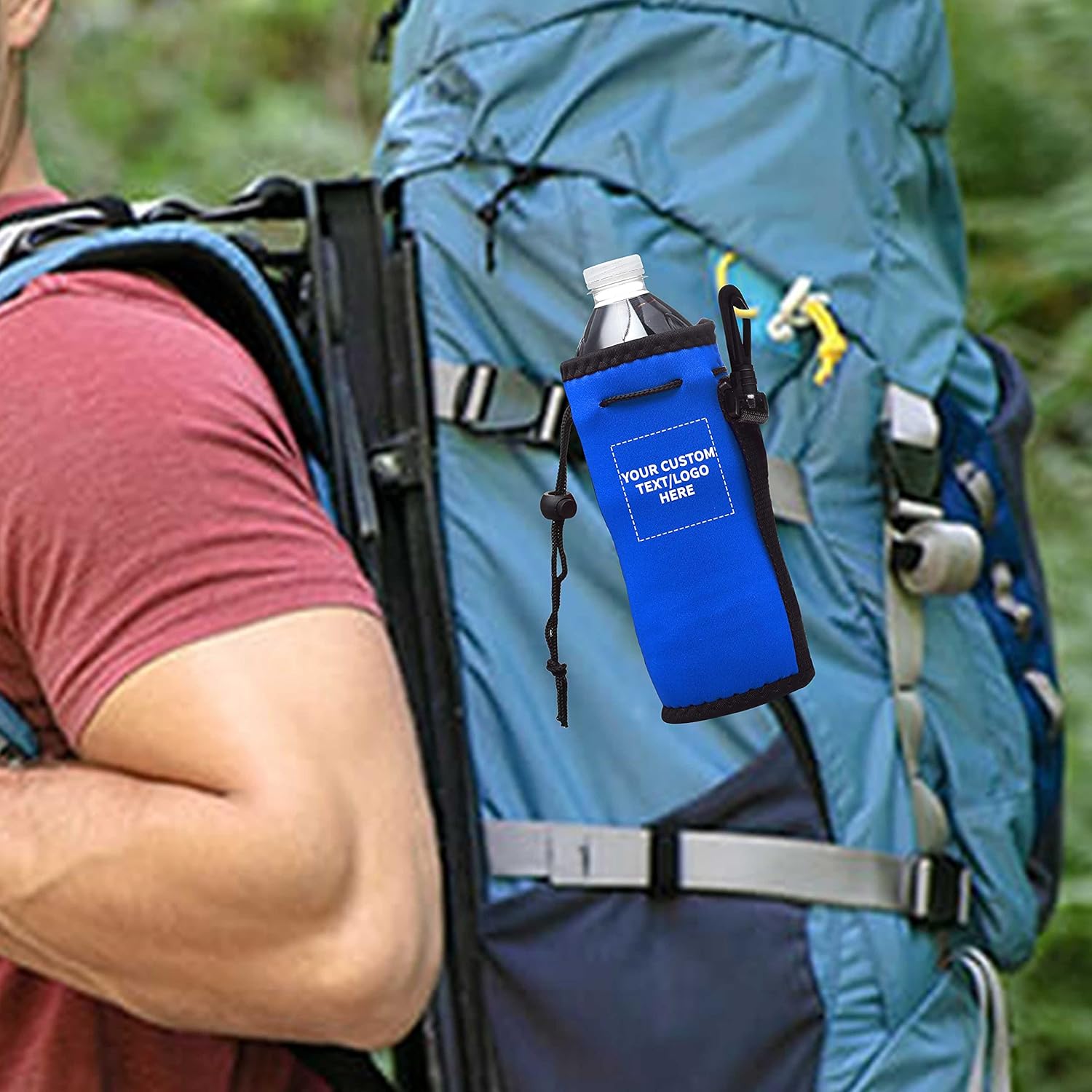 10 Neoprene Water Bottle Drawstring Insulators Pack - Customizable Text, Logo - 12 oz. Longneck, Hook - Royal Blue