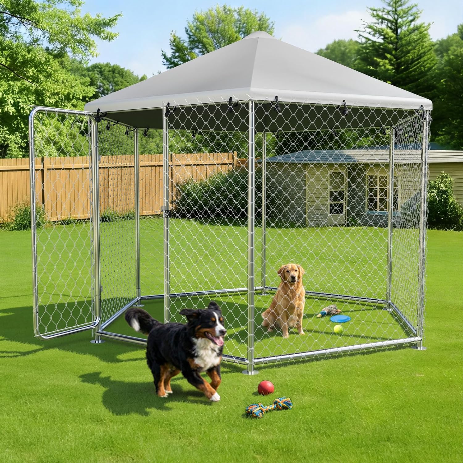 6.8x6.8 FT Heavy Duty Outdoor Dog Kennel, Large Galvanized Steel Enclosure with Waterproof UV-Resistant Roof & Secure Lock, Hexagonal Wire Mesh Design for Backyard, Patio & Garden (81x81x95.3IN)