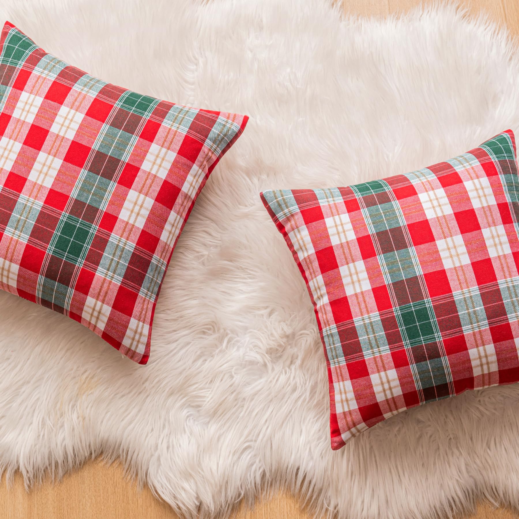 Set di 2 federe decorative per cuscini a quadri natalizi, in tessuto con filo dorato (rosso e bianco, 30,5 x 50,8 cm)