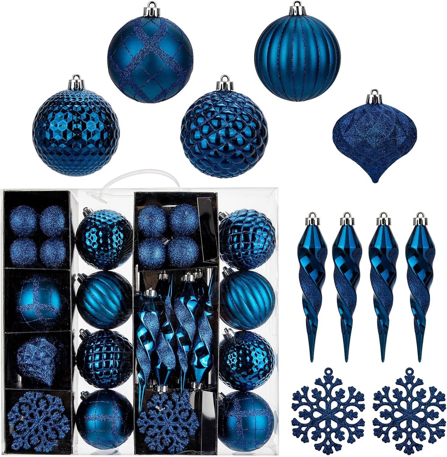 50PCS Christmas Tree Ornaments Set with Shatterproof Balls Icicle Snowflake Hanging Ornaments for Home Office Farmhouse Christmas Decorations, Dark Blue