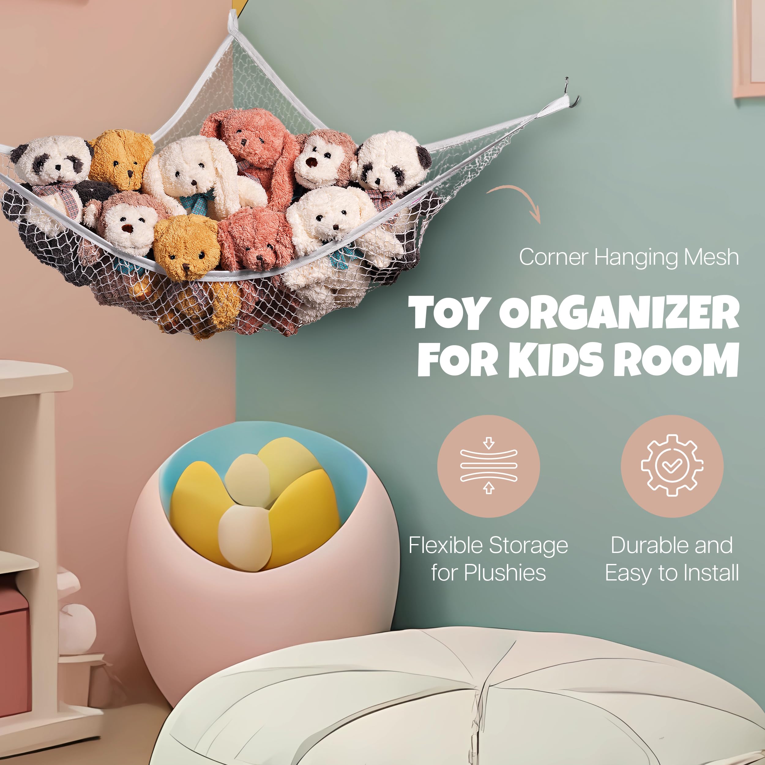 Hamaca esquinera de animales de peluche (paquete de 2) – Organizador de juguetes de malla de esquina para habitación de los niños – Almacenamiento flexible para juguetes de peluche, osos 2