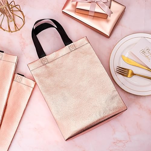 Miniatura 6 de WRAPAHOLIC Paquete de 12 bolsas de regalo reutilizables de oro rosa con asas, tamaño mediano de 8 x 4 x 10 pulgadas, perfectas para bolsas de regalo