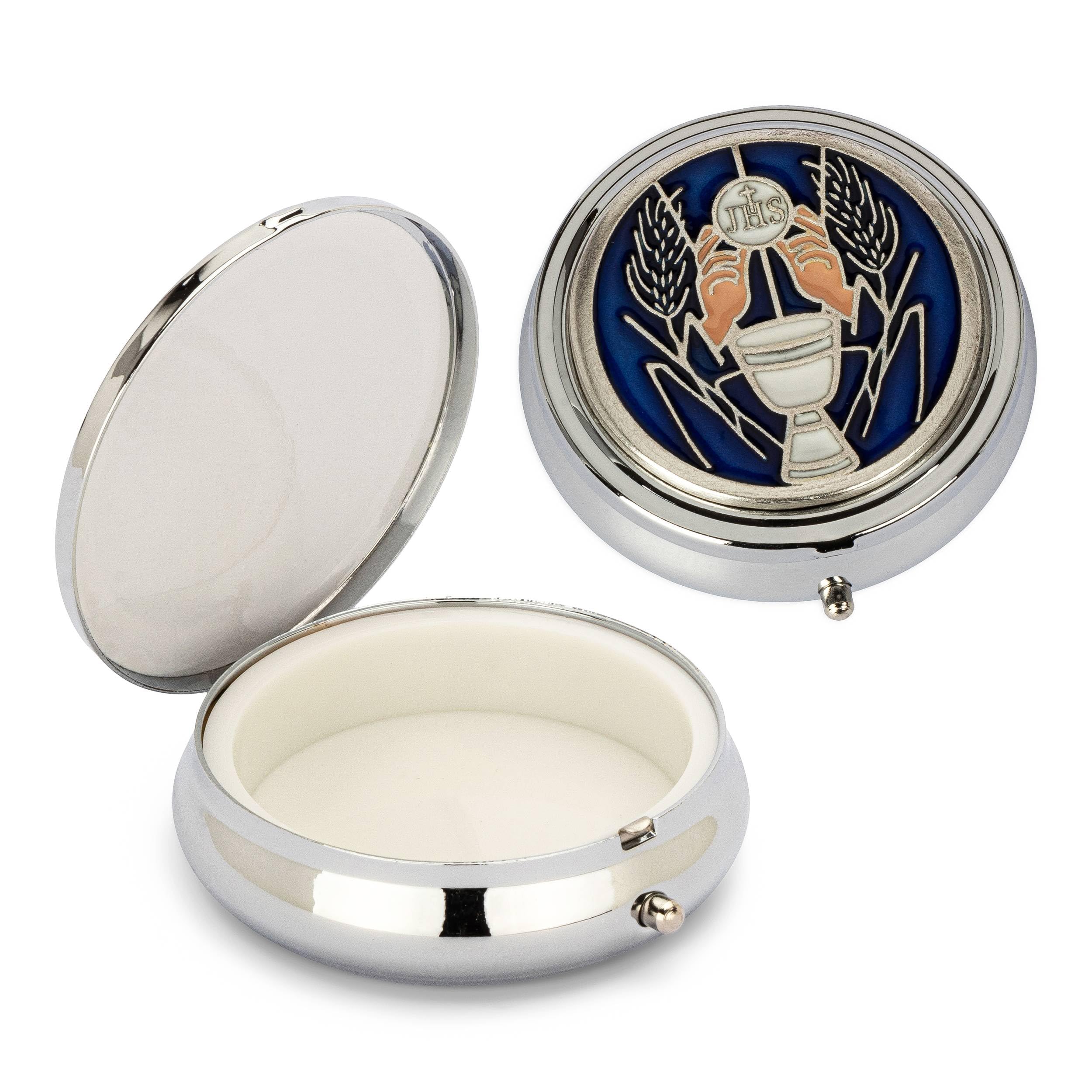 NKlaus Rosenkranz estuche de metal motivo cáliz Hostiendose plata azul inserto en el interior 4cm 2531