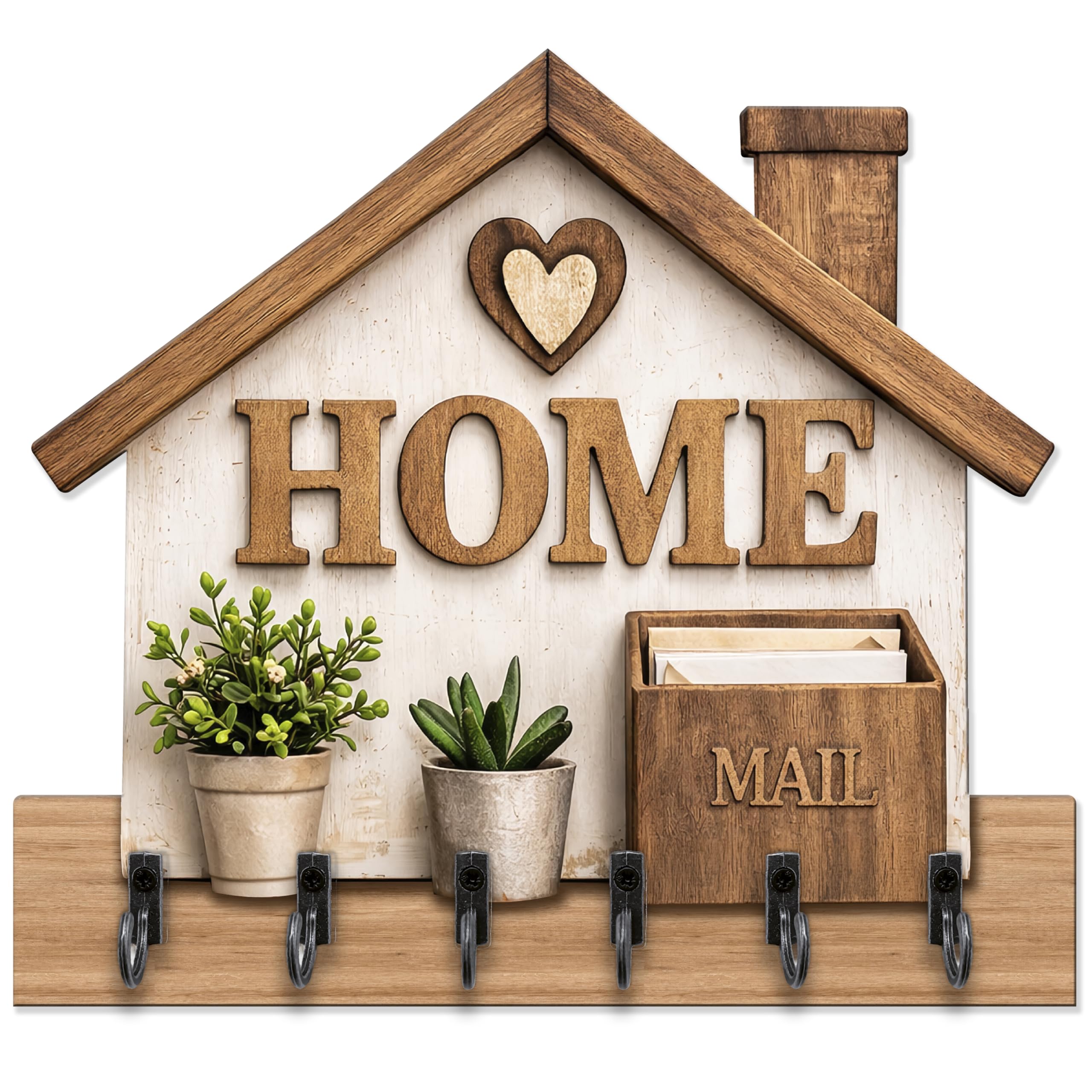 DEKORI Appendichiavi da Parete HOME in Legno – Portachiavi da Muro 6 Ganci Metallo – Decorazione Ingresso Casa Stile Country Moderno – Organizer Chiavi Parete – Made in Italy