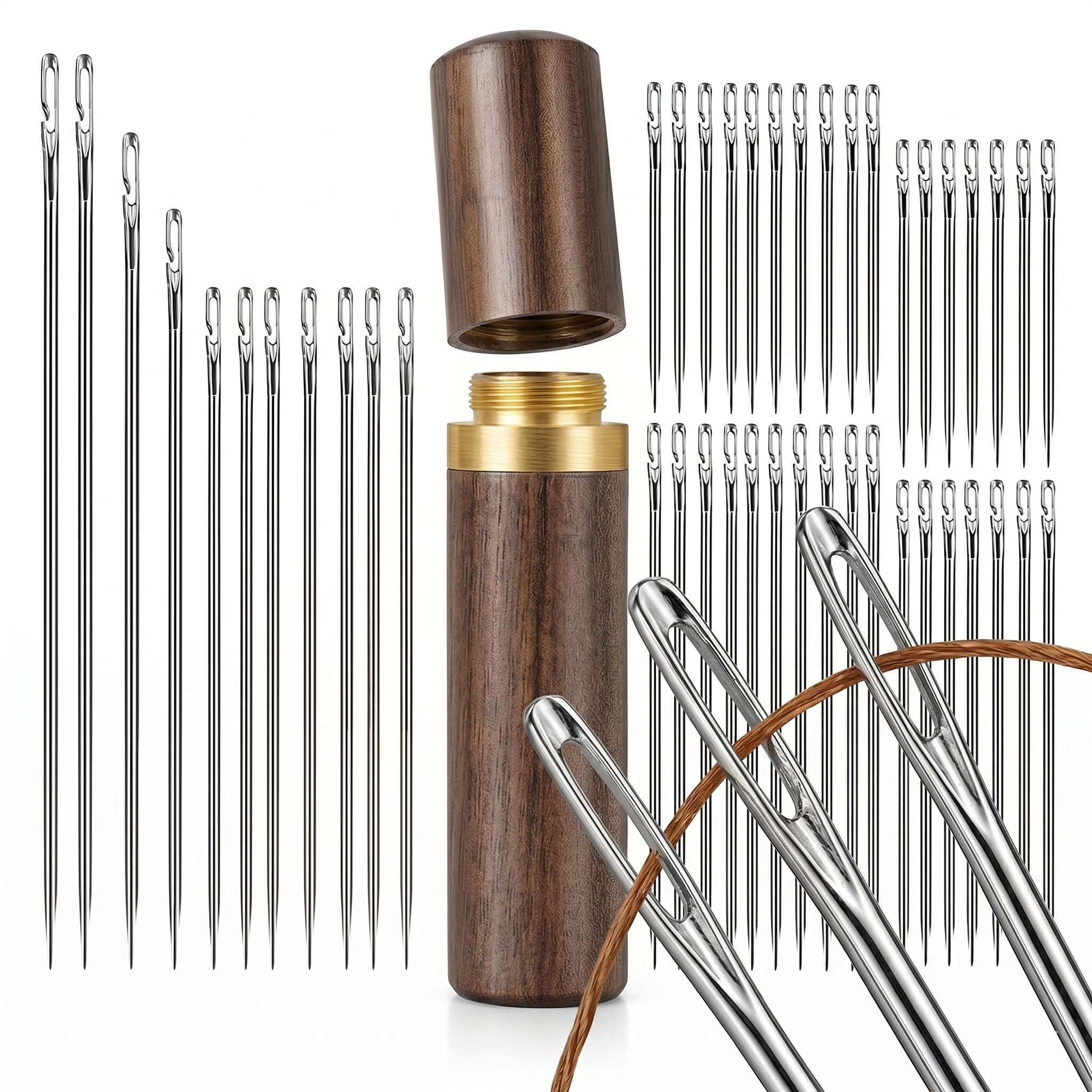 ABTER Self Threading Needles Set 30 PCS with Wooden Case, Stainless Steel Big Eye Sewing Needles for Thick Thread, Hand Sewing, Stitching & Flower Garland Making