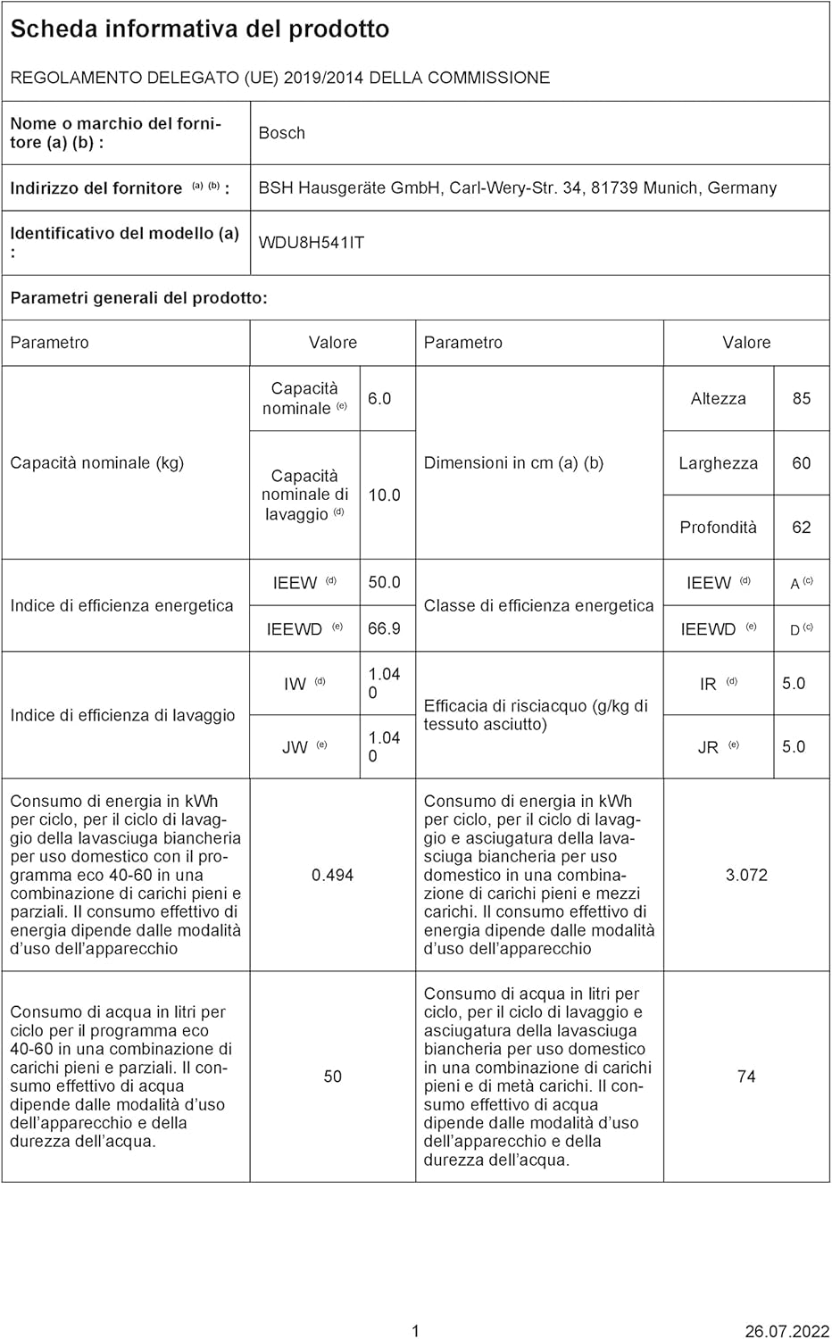 Bosch Elettrodomestici, Serie 8, Lavasciuga, 10/6 kg, 1400 rpm WDU8H541IT
