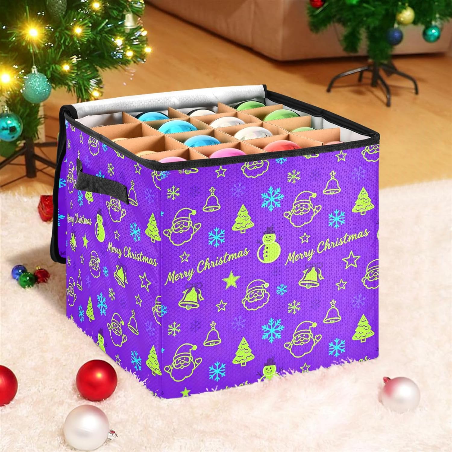 High Capacity Christmas ornament organizer Holds Up to 64, Two Handles stackable Holiday Storage Case with Lid,Christmas Snowman and Santa Green and Purple