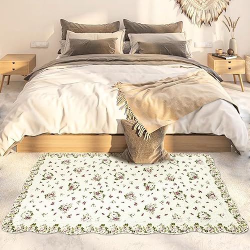 Miniatura 3 de USTIDE Alfombra de algodón natural de 3 x 5 con diseño de flores de rosas, capullos de flores de rosas desgastadas, lavable a máquina, para