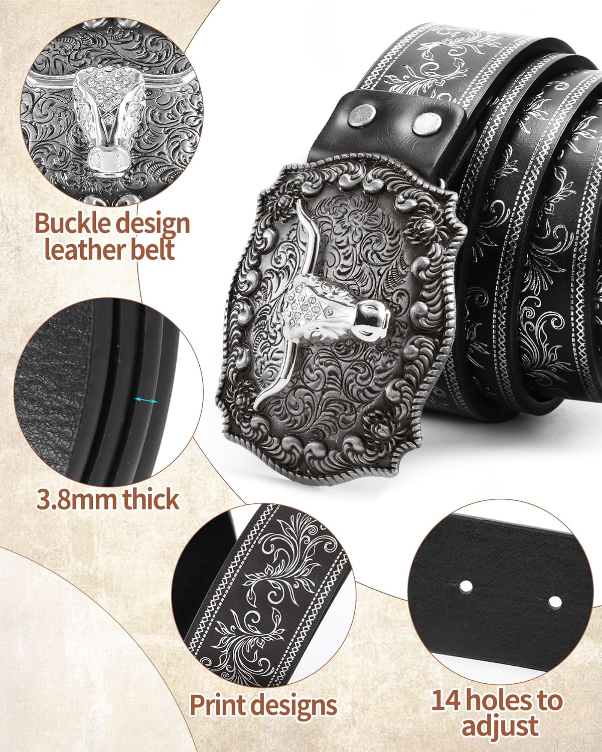Western Cowboy Belts for Men Women,Western Belt with Bull Buckle, Country Longhorn Bull PU Leather Belt for Jeans - Image 2