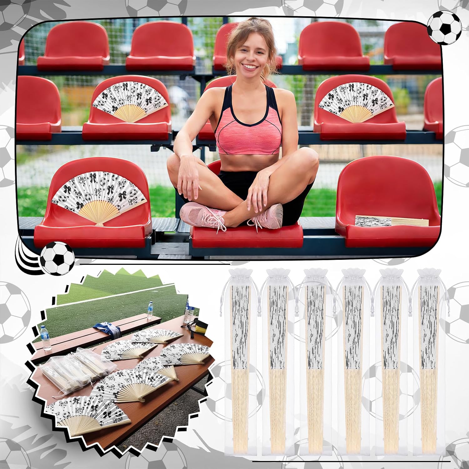 Wenqik 20 Sets Soccer Bow Hand Folding Fans with Organza Bags Bulk Soccer Party Favors for Game Day Events Vintage Foldable Paper Fans for Outdoor Activities Sports Party Favors