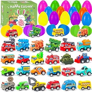 24 Pack Prefilled Easter Eggs with Pull Back Cars Toys,Easter Basket Stuffers Fillers for Egg Hunt,Party Favors & Classroom Prizes for Toddlers Kdis Boys Girls
