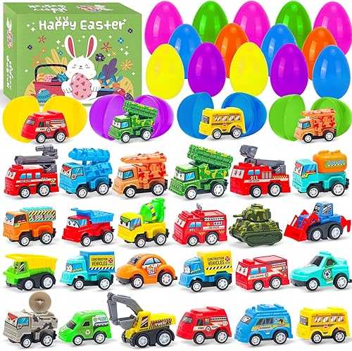 24 Pack Prefilled Easter Eggs with Pull Back Cars Toys,Easter Basket Stuffers Fillers for Egg Hunt,Party Favors & Classroom Prizes for Toddlers Kdis Boys Girls