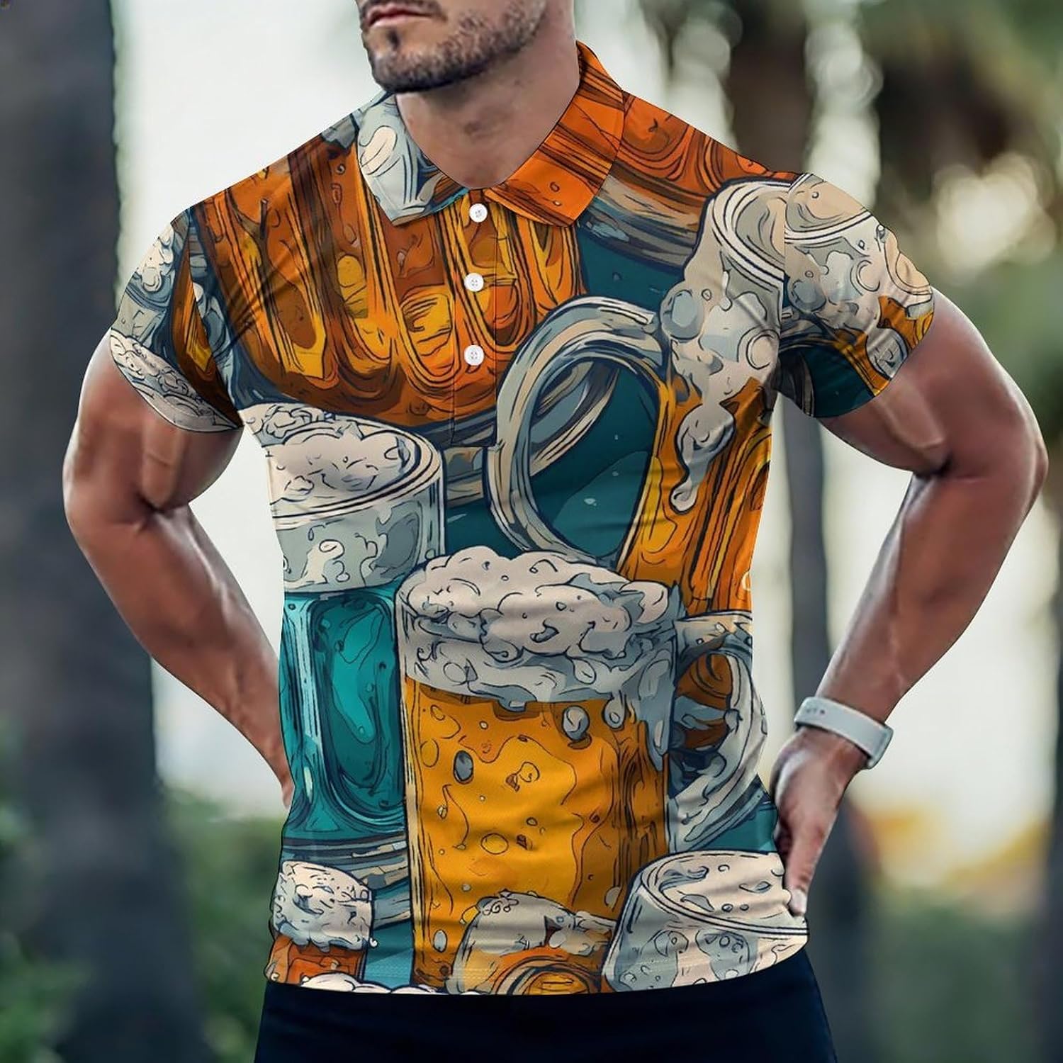 Beer Mugs Bubble Glasses Men's Polo Golf Shirts Collared T-Shirt | short sleeve,three button,quick dry,machine washable,summer tee top