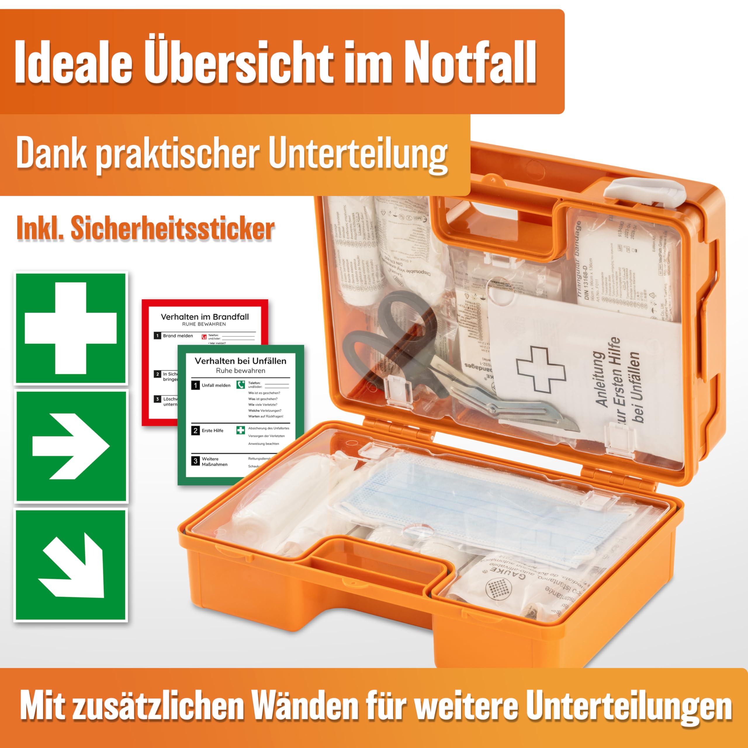 HELDENWERK Trousse de premiers secours selon la nouvelle norme DIN 13157:2021 avec support mural et autocollants | Mallette de premiers secours universelle pour entreprise, maison ou restauration