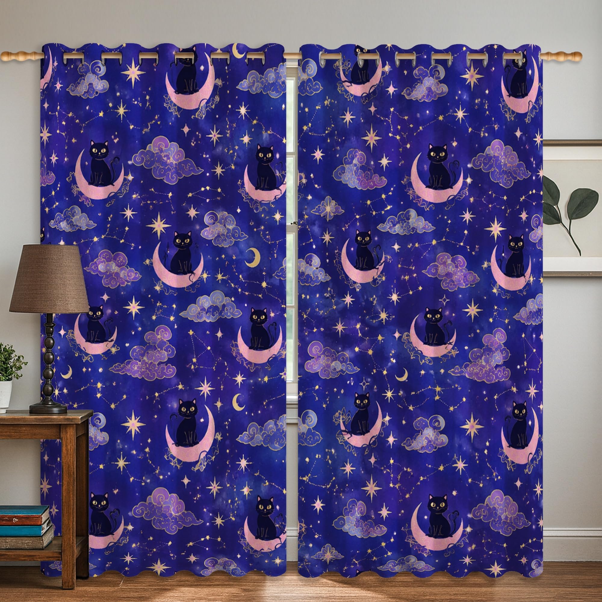 Rideaux occultants chat lune bleu marine pour bloquer la lumière du jour
