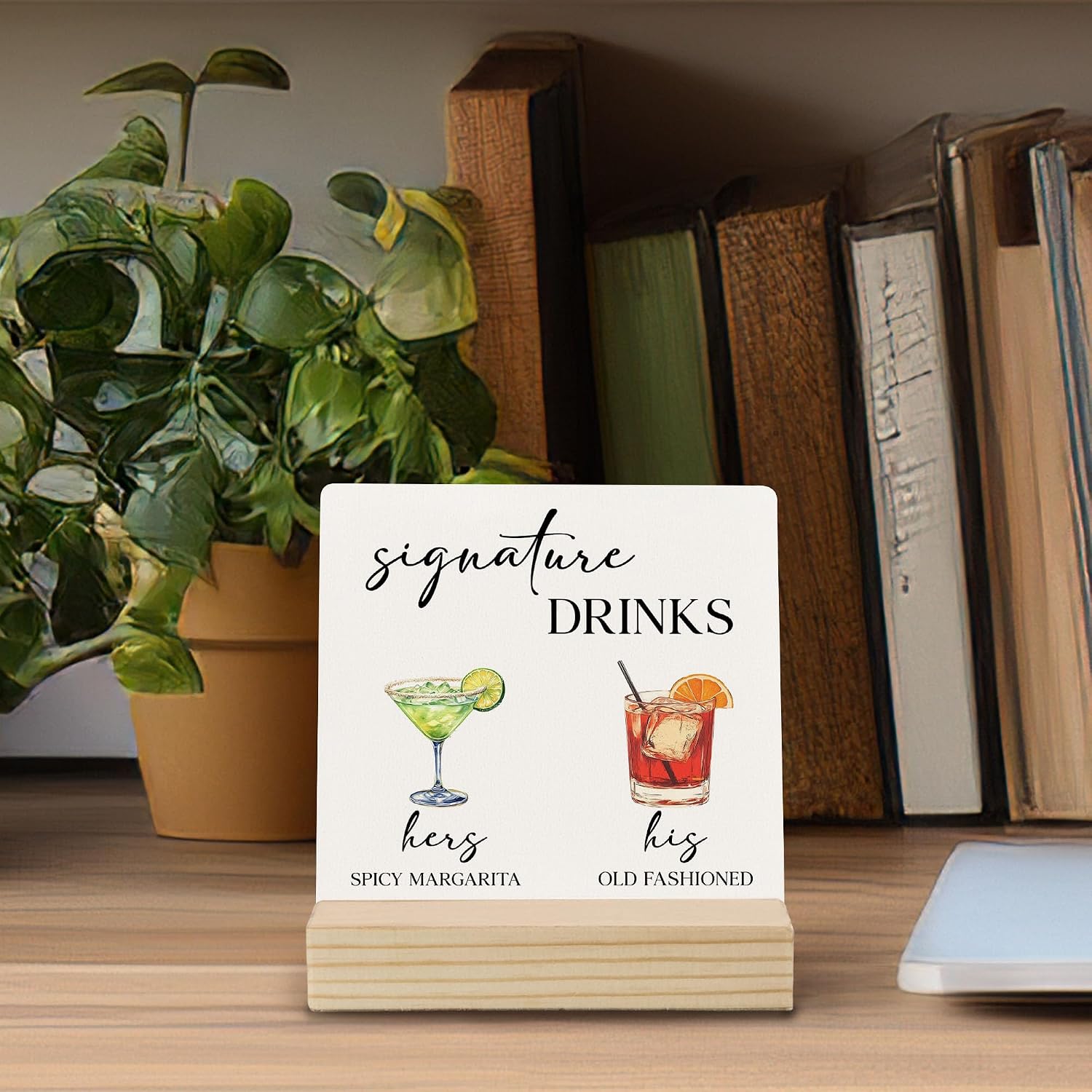 Wedding Bar Desk Decor, Spicy Margarita Old Fashioned Bar Decorative Signs & Plaques, Wedding Desk Sign with Wooden Stand for Bridal Shower Party Reception Ceremony Shelf Table Decor image 3