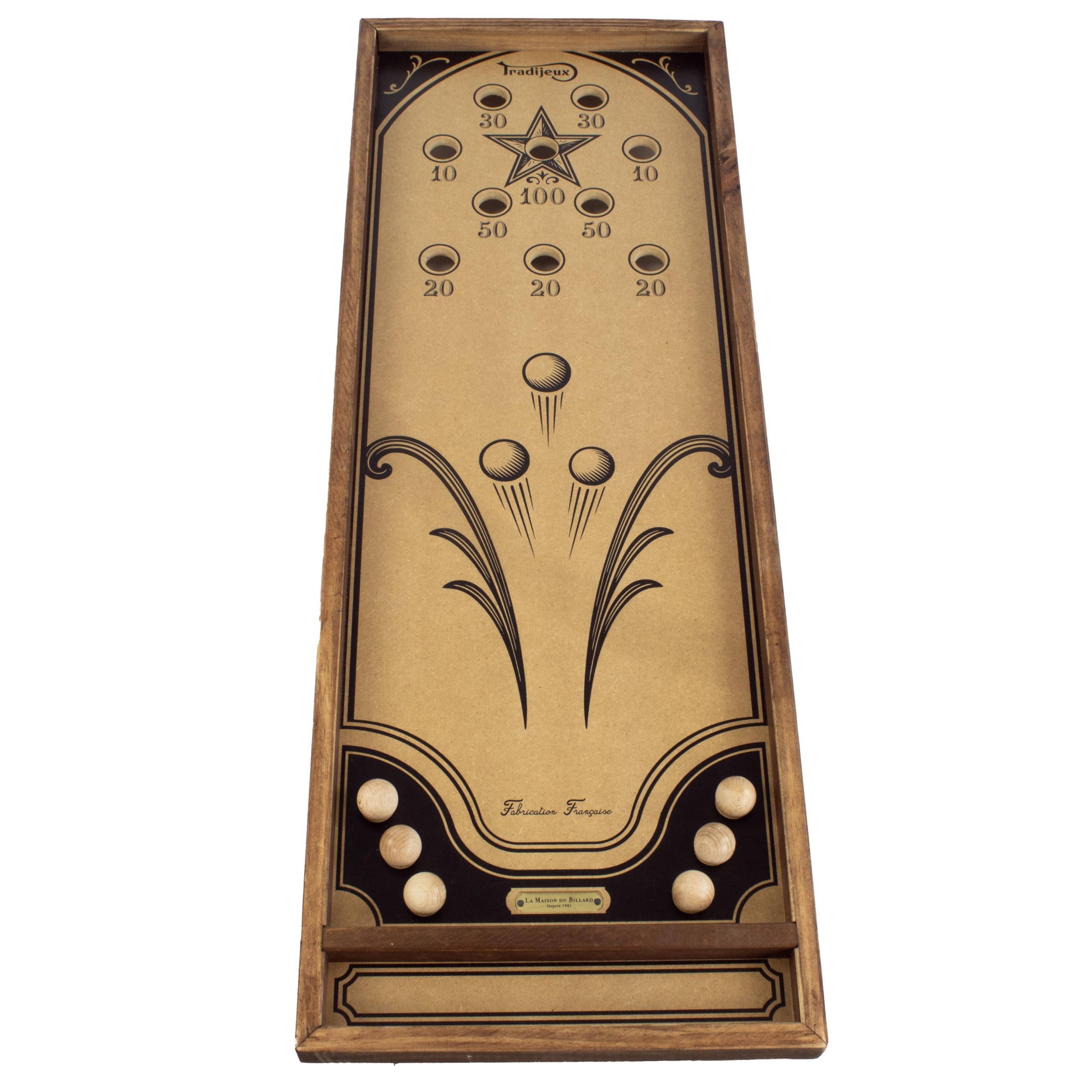 Billard Japonais Collector en Bois Fabriqué en France - Jeu d'Adresse Familial 102 x 34,5 cm - 6 Billes Bois, Cale et Règle Incluses - Jeu Traditionnel Sérigraphié