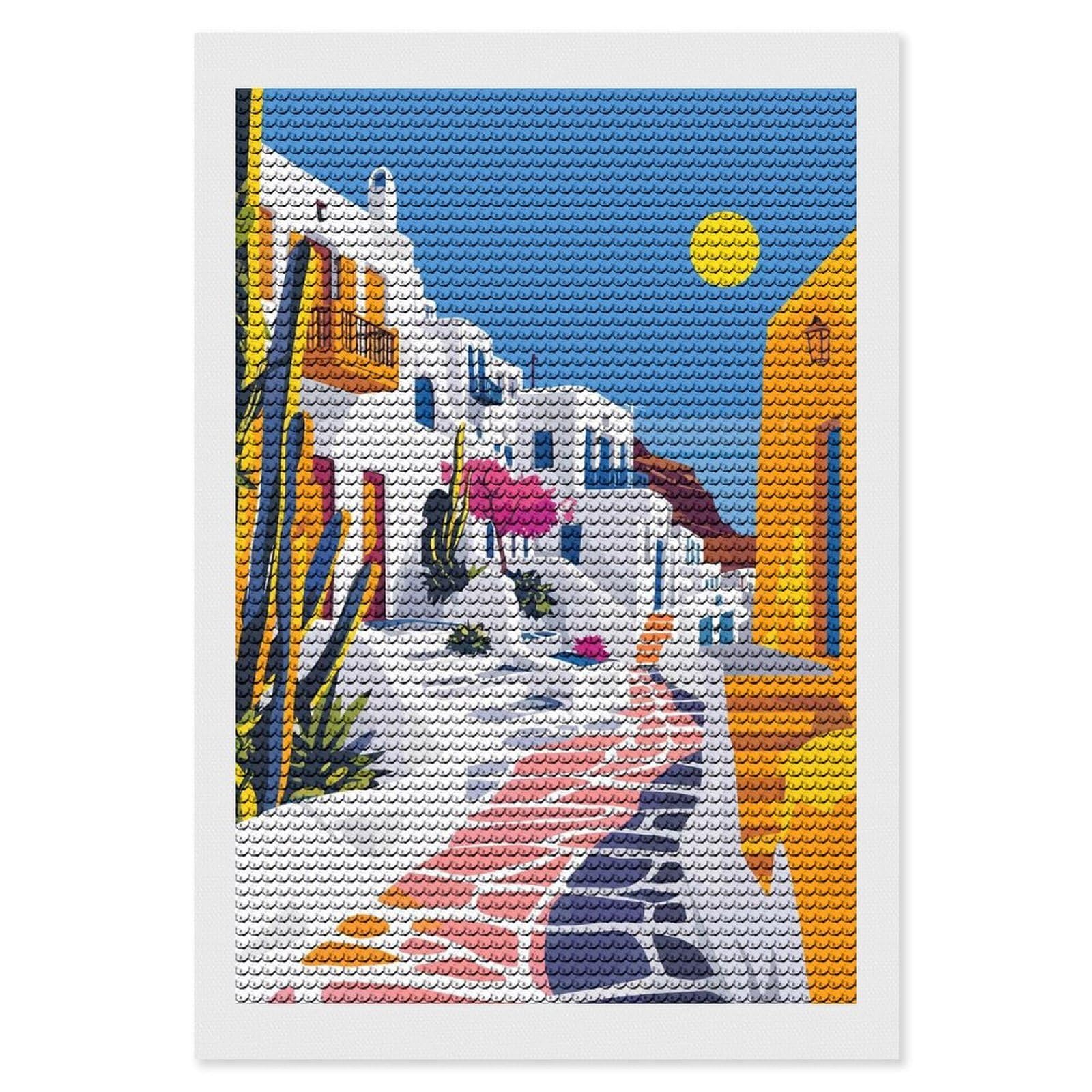 Junmoney Greece Travel Art Mykonos Diamond Art Canvas 8"x12", for Teens, Nice Detail and Sparkle, Farmhouse Decor, Festive Craft Gift, Easy to Enjoy