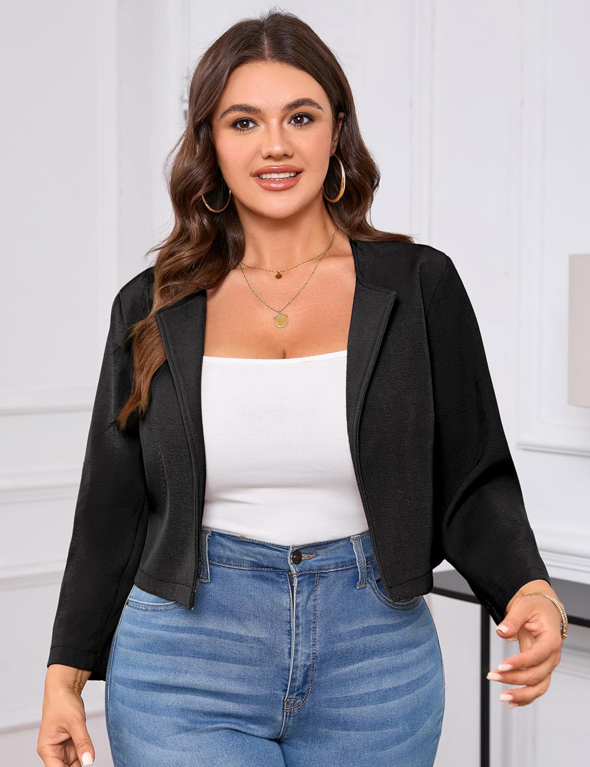 Yesfashion Plus Size Blazers for Women - Cropped Coat,Blazer Suit Jacket,3/4 Sleeve,Open Front,Crew Neck - Image 2