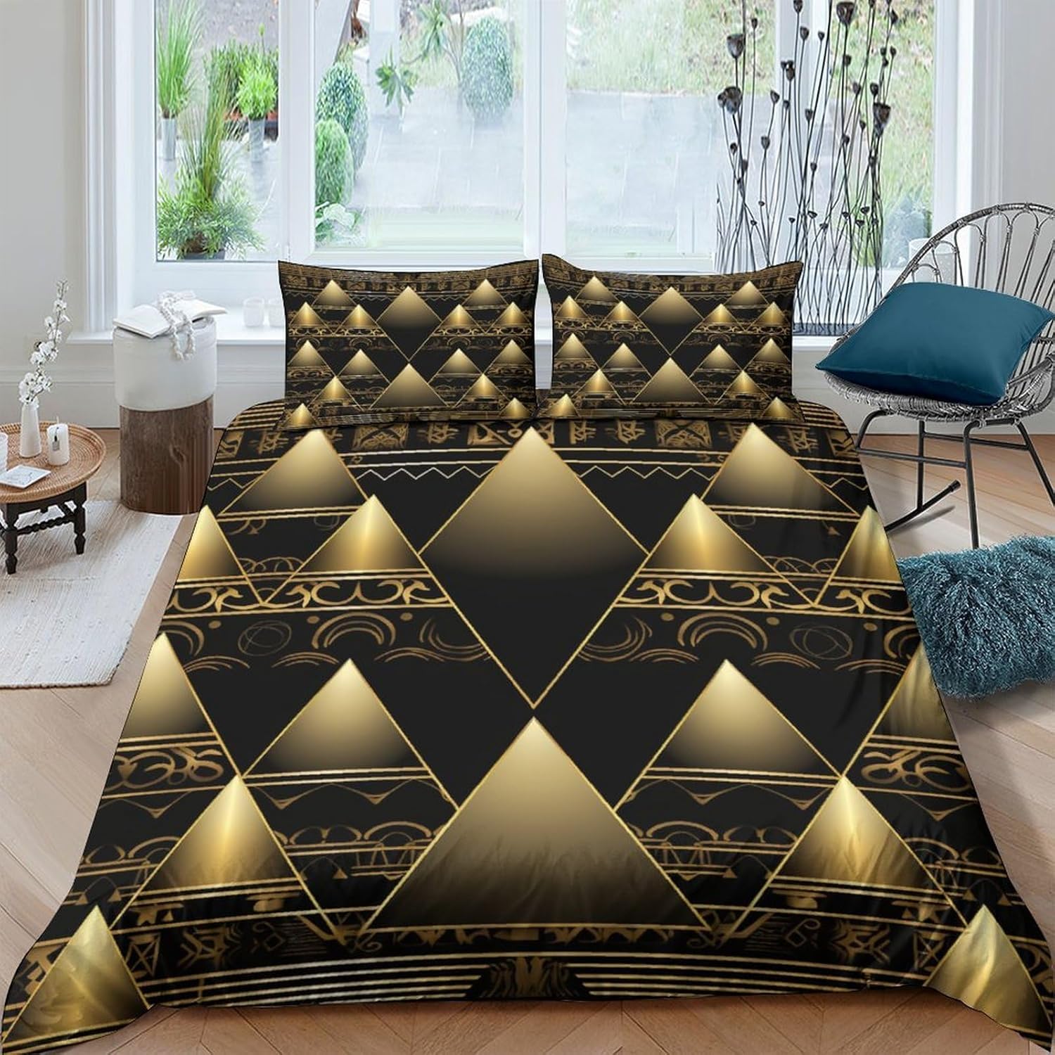 Housse de couette pyramide Égypte 3D parure lit 3 pièces 200x200 cm