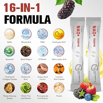 Totaria 16-in-1 NAD Liquid Supplement 1500mg for Men & Women, Extra Strength NAD+ with NMN Precursor, Resveratrol, PQQ, CoQ10, Supports Anti Aging, Energy, Immune, Focus (30 Packets) 1 Months Supply