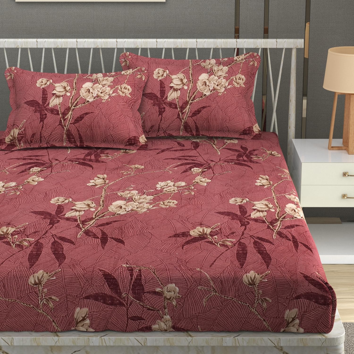 Premium Heavy Cotton Elastic Fitted Bedsheets with 2 King Size Pillow Covers || Double Bed with All Around Elastic 350 TC || 72 x 78 x 10 Inch King Size Fitted || :- Maroon Flower