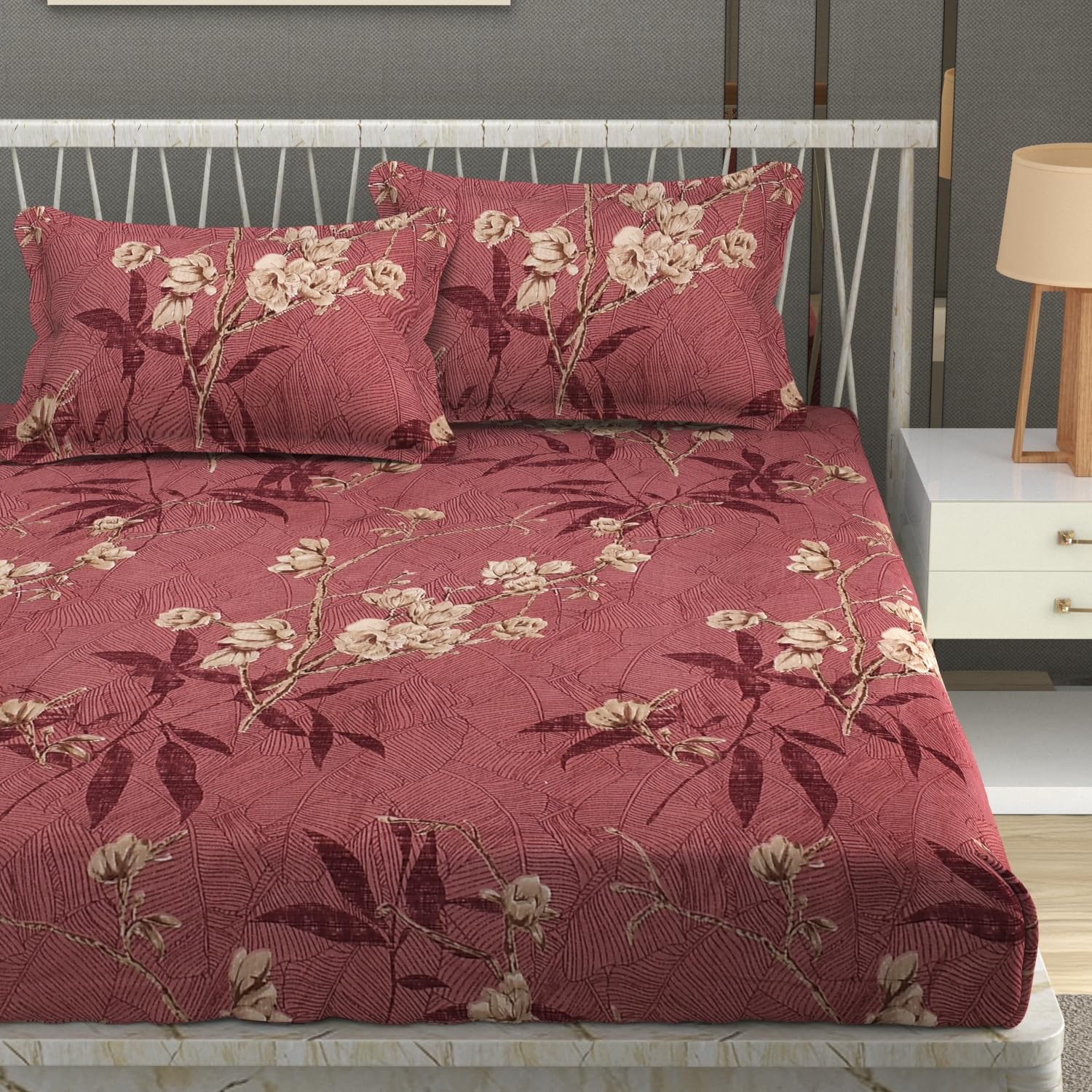 Premium Heavy Cotton Elastic Fitted Bedsheets with 2 King Size Pillow Covers || Double Bed with All Around Elastic 350 TC || 72 x 78 x 10 Inch King Size Fitted || :- Maroon Flower-image-36