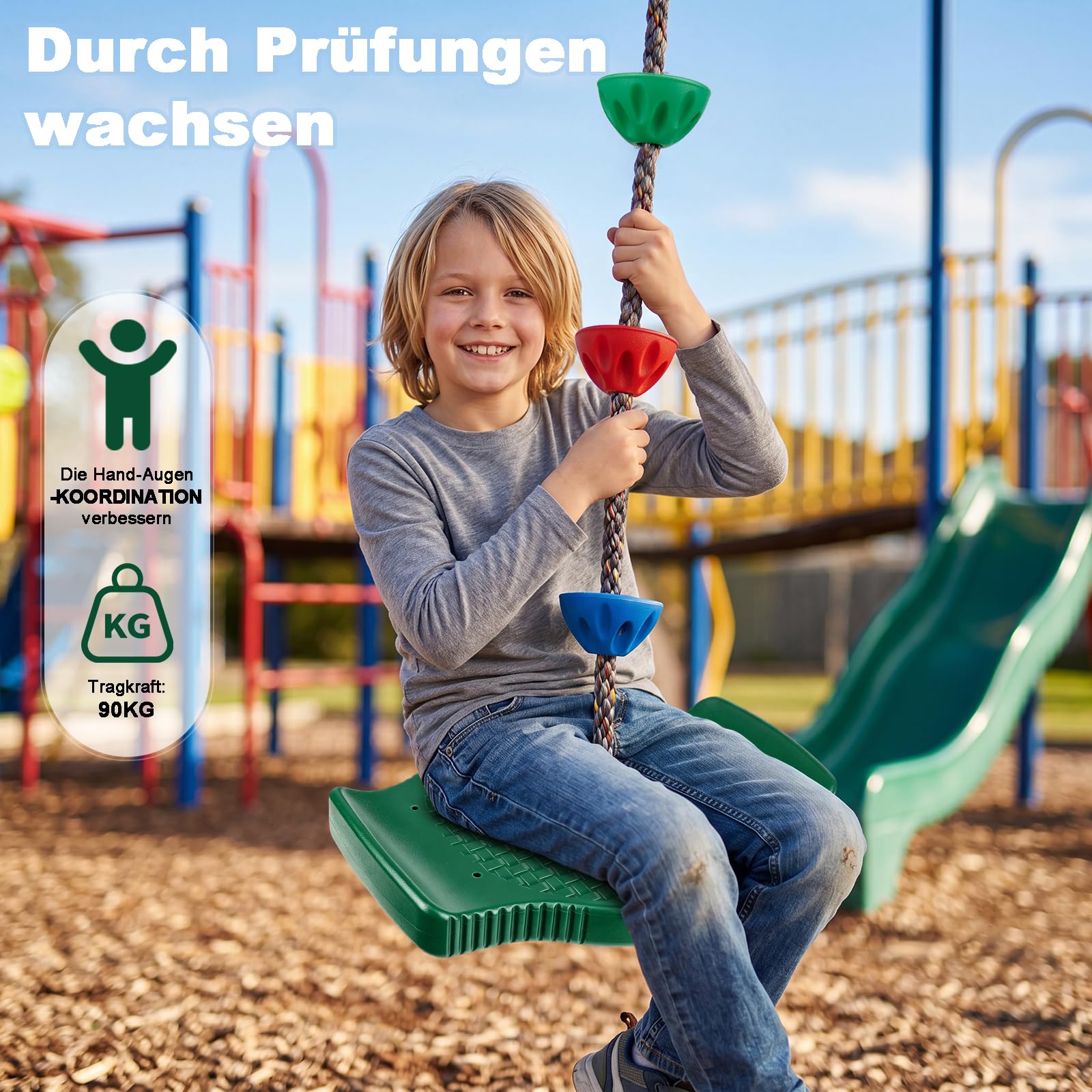Kletterseil Schaukel Outdoor, Rutschfester Schaukelsitz Set mit 1.9M Langem Verstellbarem Seil, Stehen und Sitzen, 75kg Kletterseilschaukel für Garten, Spielplätze, Kinder & Erwachsene, Grün