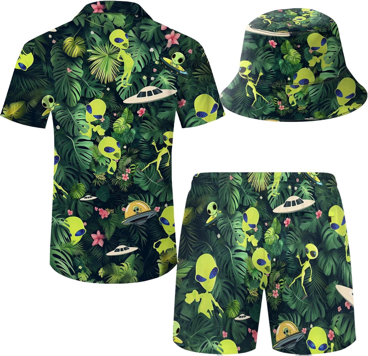 Men's Hawaiian Shirt and Shorts Set 2 Piece Beach Outfits with Bucket Hats for Beach Days and Summer Vibes