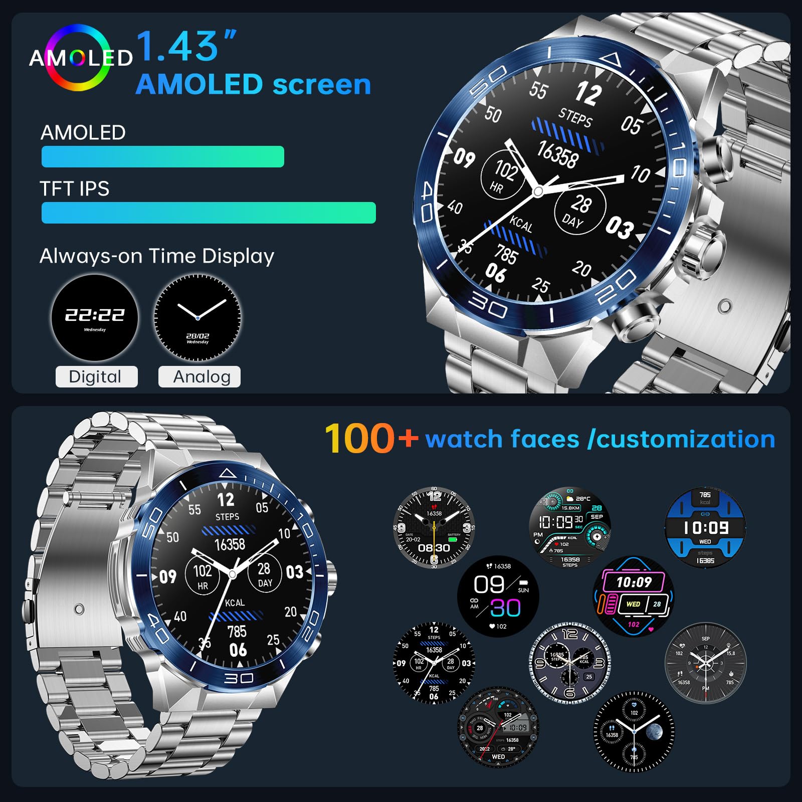MiracDan Orologio Smartwatch Uomo con Chiamata Bluetooth 5.2, Display AMOLED 1.43", 107+ Modalità Sportive, Impermeabile IP68, Contapassi