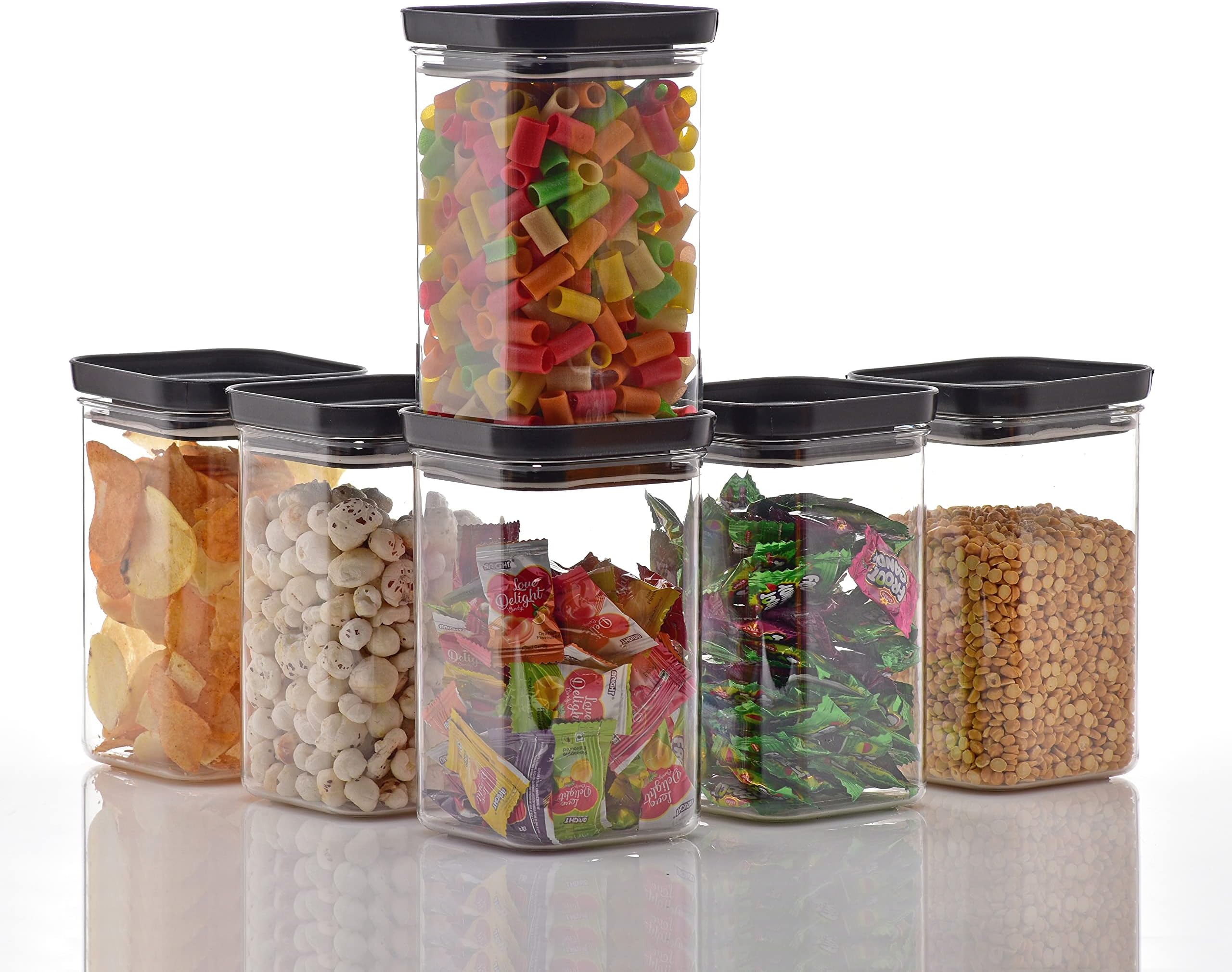 TEX-RO Airtight Push Cap Lid Container For Kitchen Storage Set, 6 pcs Plastic Kitchen Containers Set Material Pantry Organization and Kitchen Storage container (Color-Black, 1100 ml)